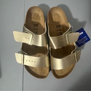 Birkenstock Arizona Slide Sandal Gold Birko-Flor 38 NWT